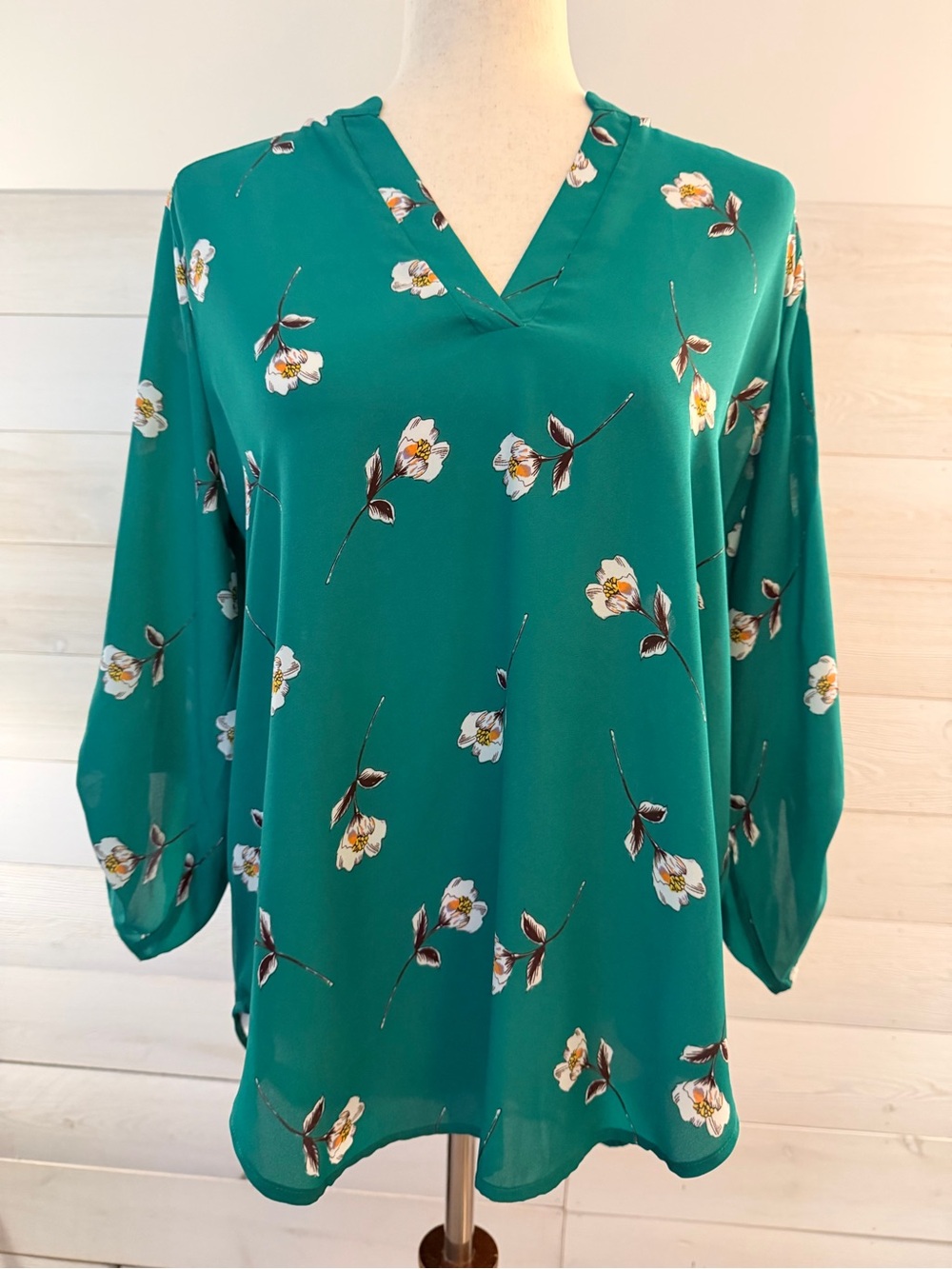 Green Floral V-Neck Blouse
